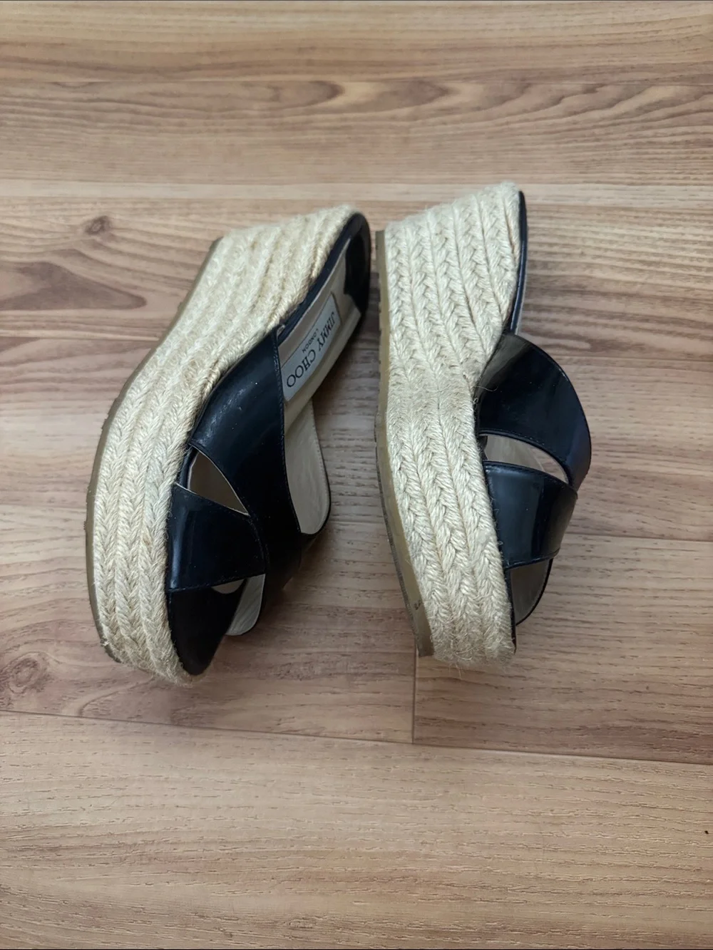 Jimmy Choo Black Patent Leather Espadrille Wedge Sandals - Picture 3 of 12